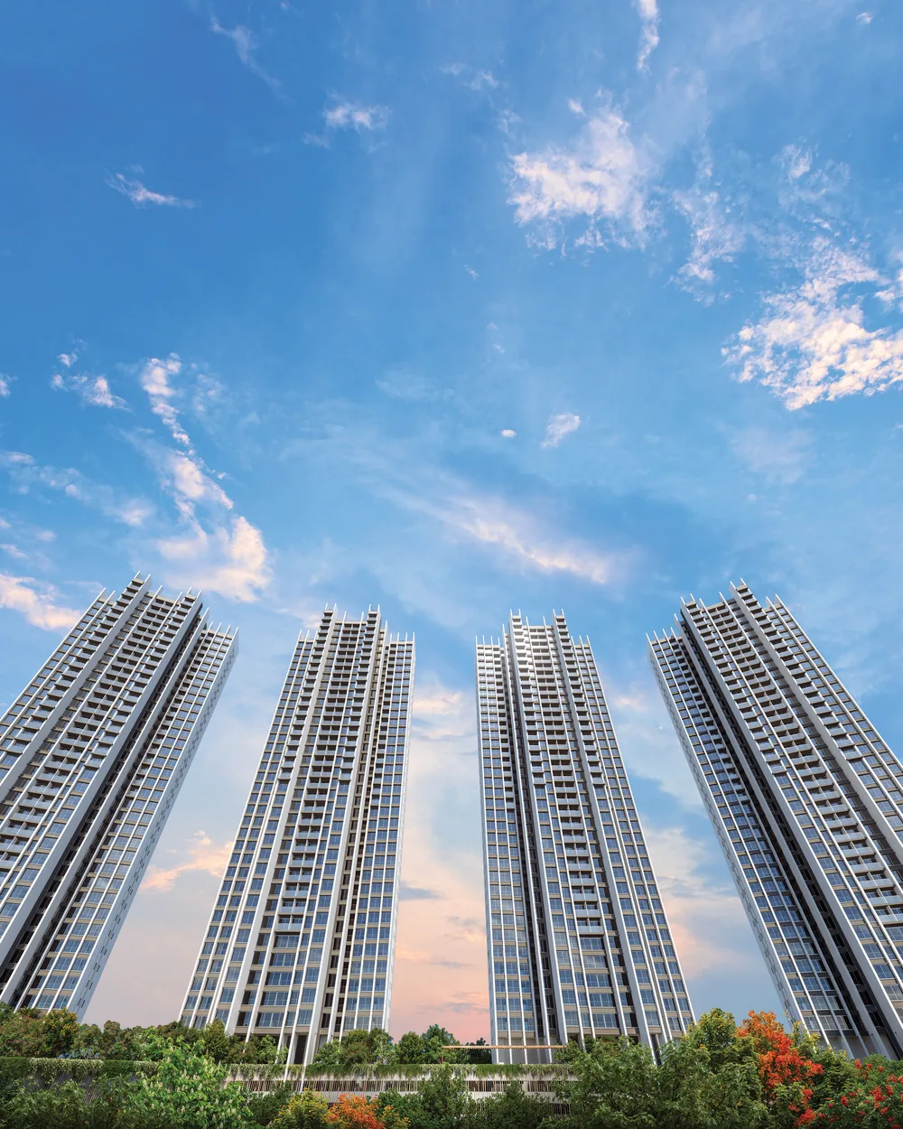 Close view of the Sky Park tower facades and balcony lines against the sky