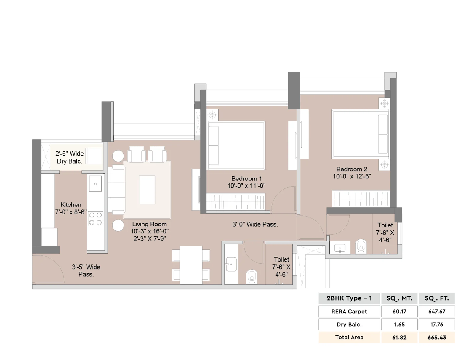 2 BHK Type 1 floor plan with room dimensions