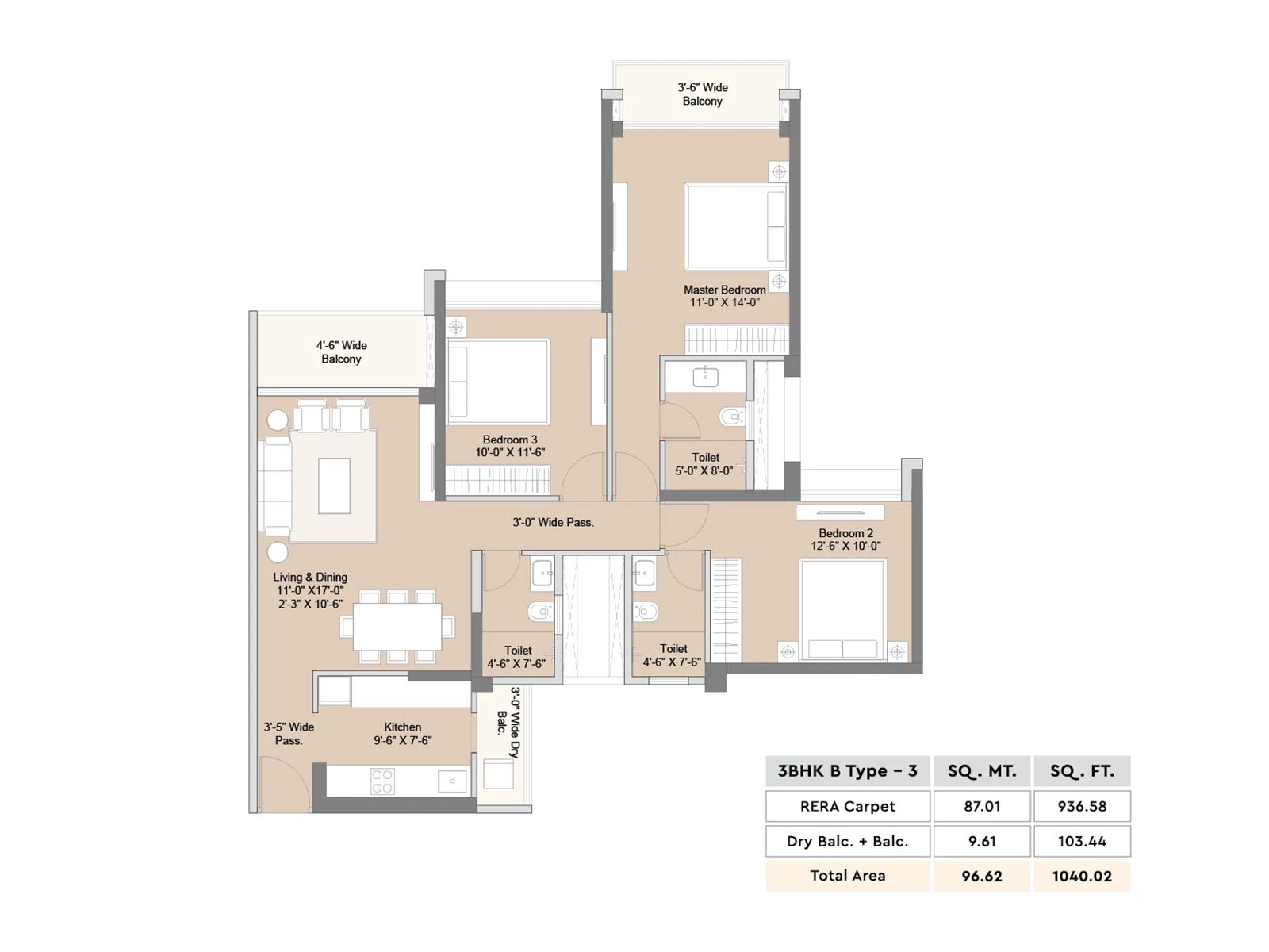 3 BHK Wing B Type 3 floor plan with room dimensions