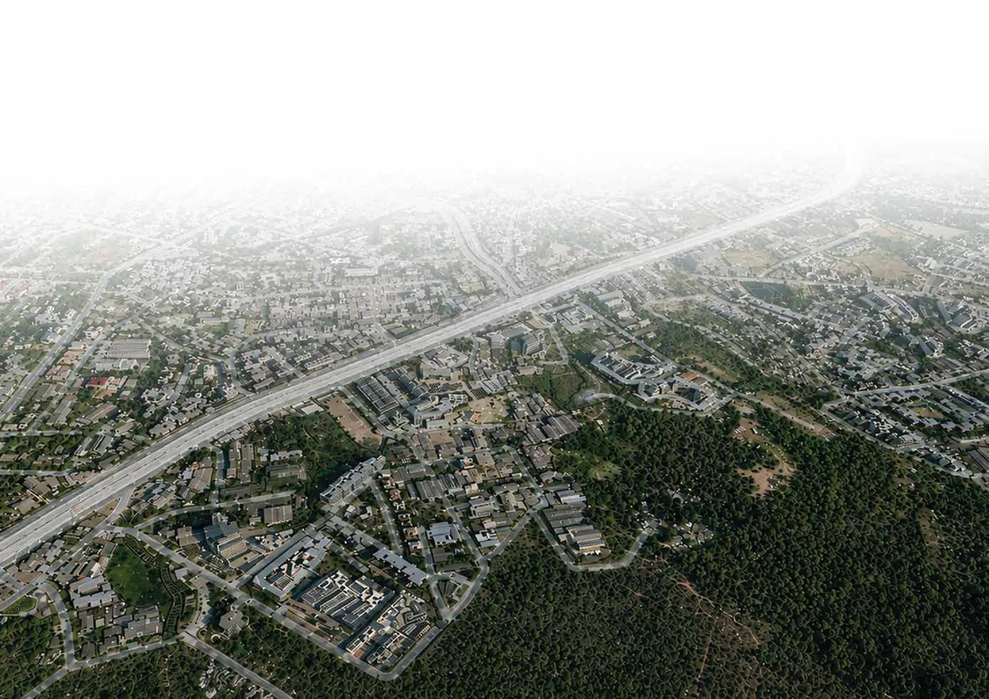 Aerial view of Mira Road showing the Western Express Highway beside the wooded green belt of the Sanjay Gandhi National Park