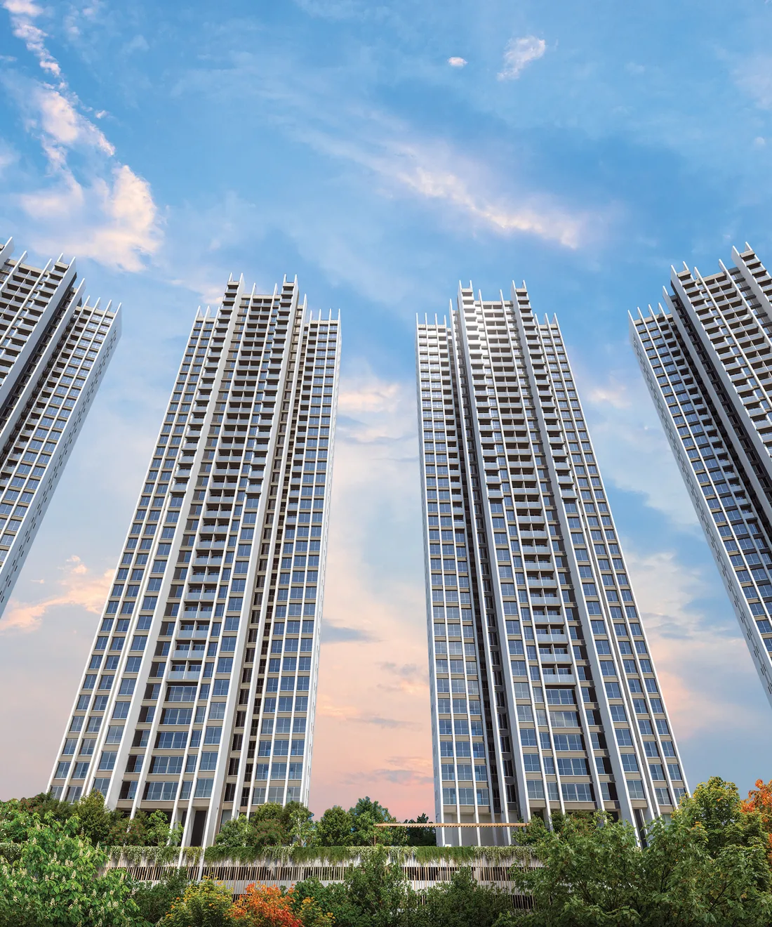 The Sky Park towers above the landscaped podium and tree line at Beverly Park Road